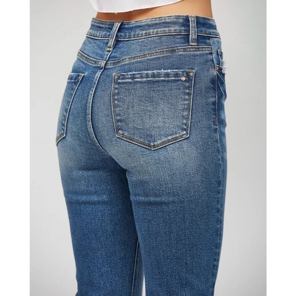 Mica Super Hi Rise Straight Leg Denim Jeans Mid-Wash Distressed Raw Hem Women 24 - Picture 2 of 16